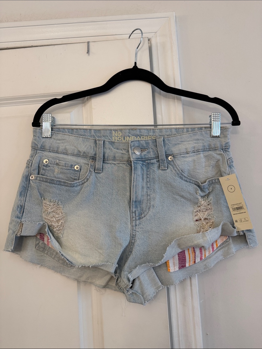 No Boundaries Light Wash Distressed Denim Shorts with Striped Hem